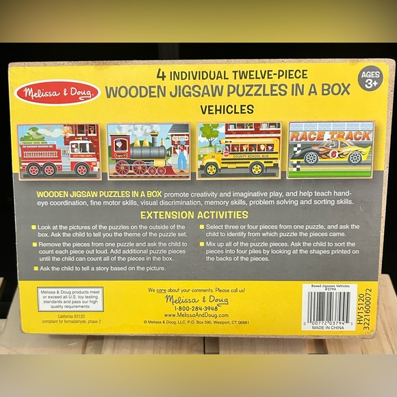 Melissa & Doug 4-twelve piece wooden puzzles in a  box “”vehicles” - Picture 2 of 5